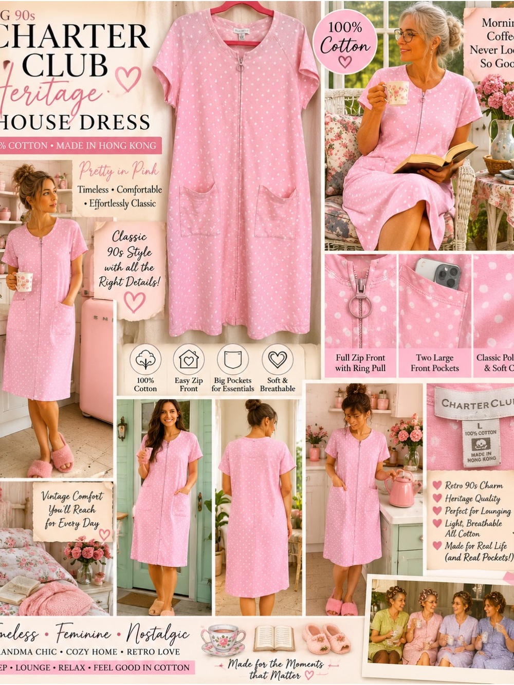 VTG Charter Club Pink Polka Dot Cotton Zip Front House Dress L Pockets Grandmas